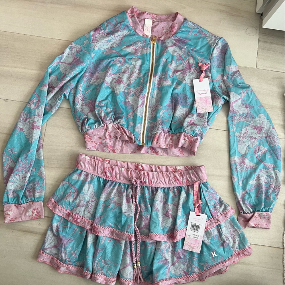 Hurley x Love Shack Fancy Swimsuit 2 piece coverup set “under the sea” Size S